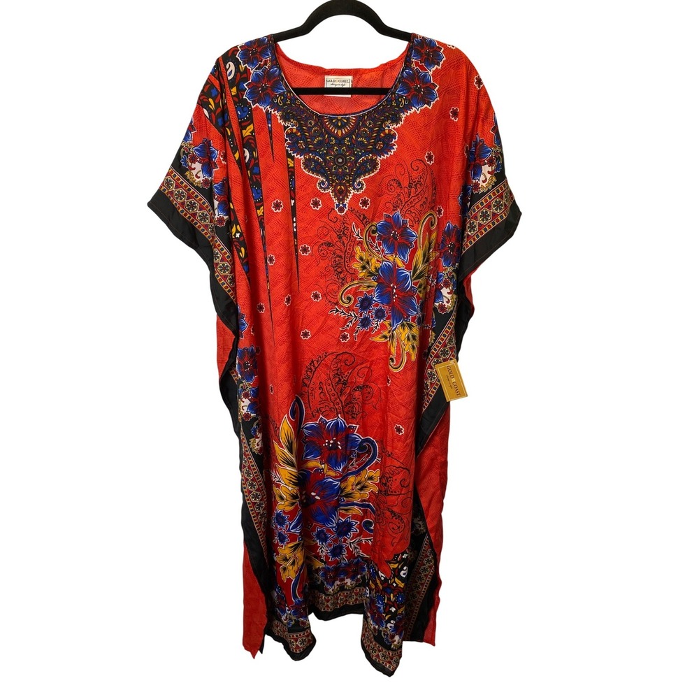 Gold Coast Kaftan Dress Women OS Red Floral Paisley Boho Maxi Vacation Beach